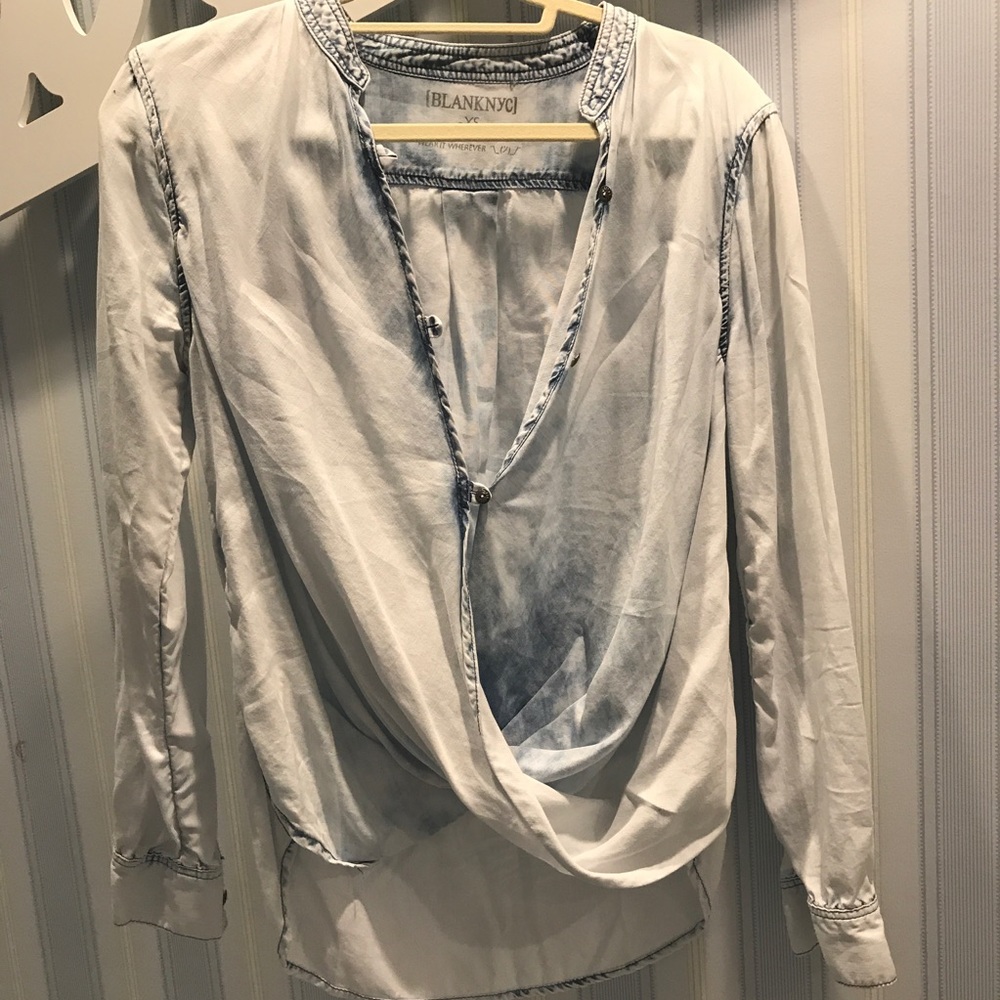 Blank NYC denim light wash button up wrap blouse